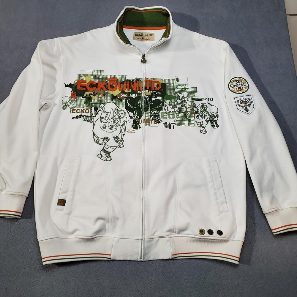Ecko Unltd Track Jacket Mens 2XL White Excellent Y2K Embroidered Rhino Hip Hop